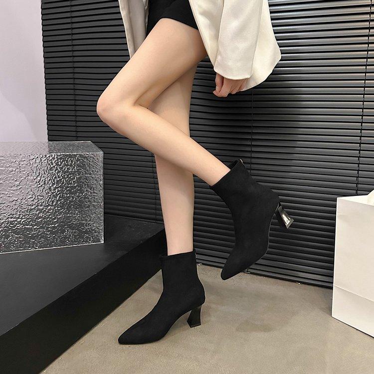 Pantofi de damă la modă, pantofi simpli, iarnă, noi, cu toc înalt, piele întoarsă, strasuri, fermoar, botine scurte, modă, temperament, înălțare, pantofi profesionali