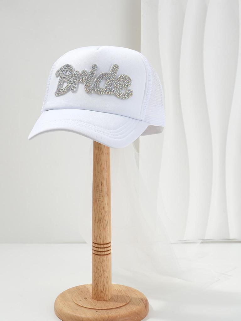 Unisex Casual Hat with Pearl Letters, Mesh & Bridal Veil for a Chic Engagement Party