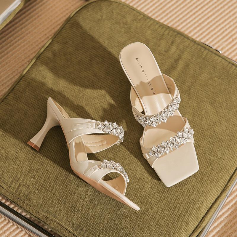 

7306 [sheepskin] high-heeled slippers women s thin heels 2025 new square-headed rhinestones fashion outer wear cool slippers 39