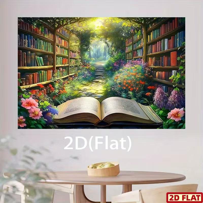 2D Whimsical Book Garden Banner, Open Book with Enchanted Forest Art