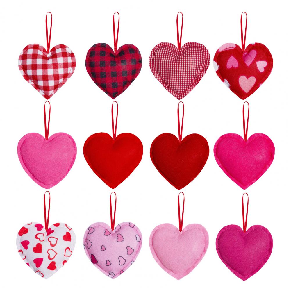 Heart Pendant Decoration Soft Fabric Heart Charm 12 Pcs Felt Heart Ornaments Pink Buffalo Plaid Fabric Charms for Valentine s