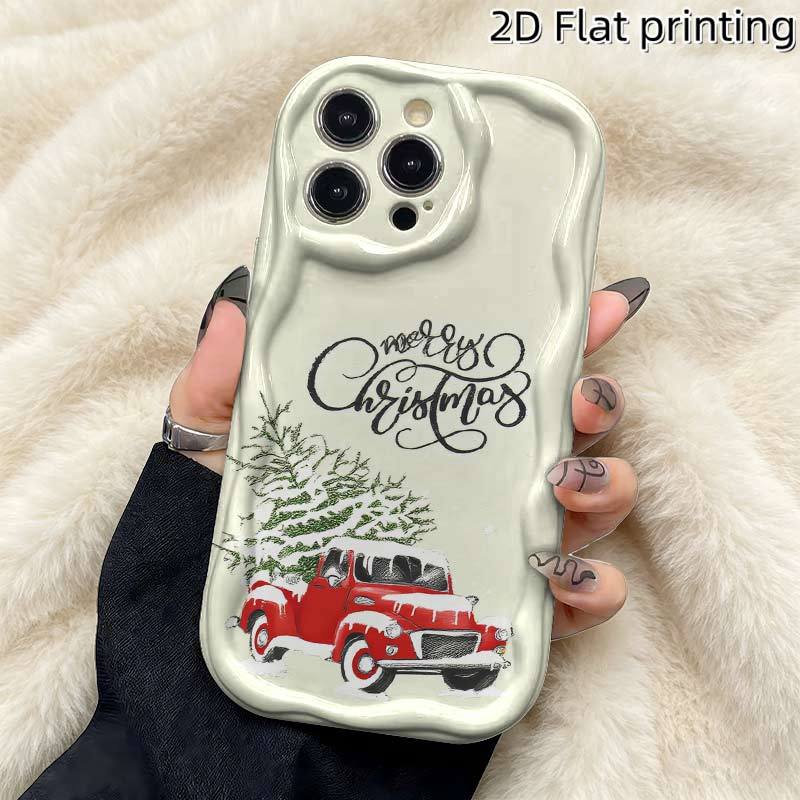 Vintage Red Truck Christmas Tree Phone Case for iPhone 16 15 14 13 12 11 Pro Max, Cream Wavy Edge Soft TPU Protective Cover