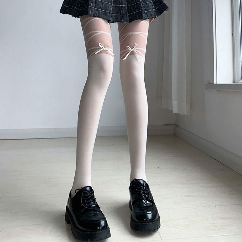 Japanese Autumn Silk Splice Stockings: Sweet JK Style Faux High Black Pantyhose for Women
