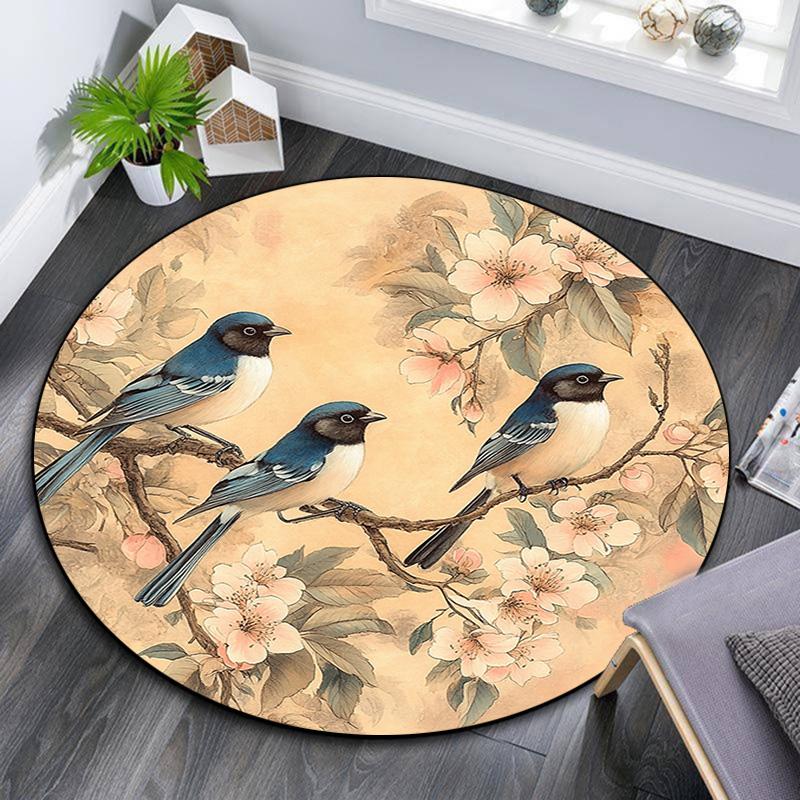 Birds On Branches Round Area Rug,Carpet Rug for Living Room Bedroom Sofa Playroom Decor,Non-slip Floor Mat