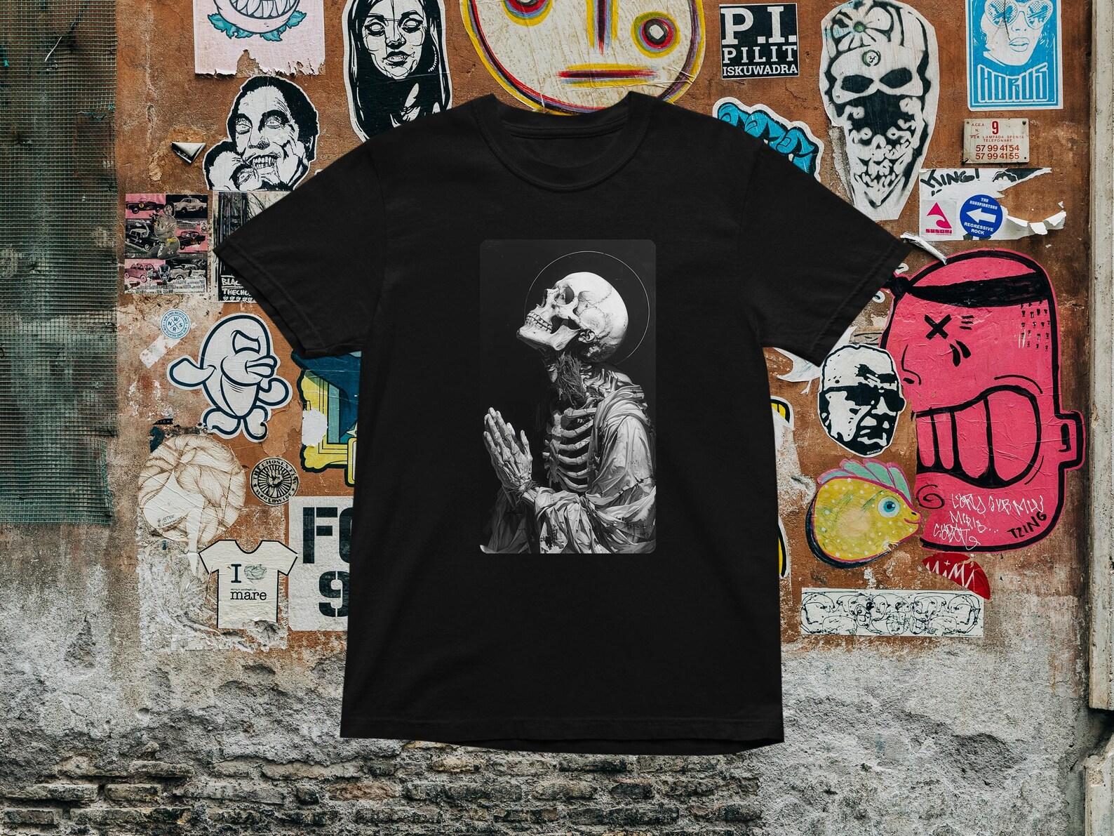 Praying Skeleton T-Shirt: Gothic Religious Graphic Tee L