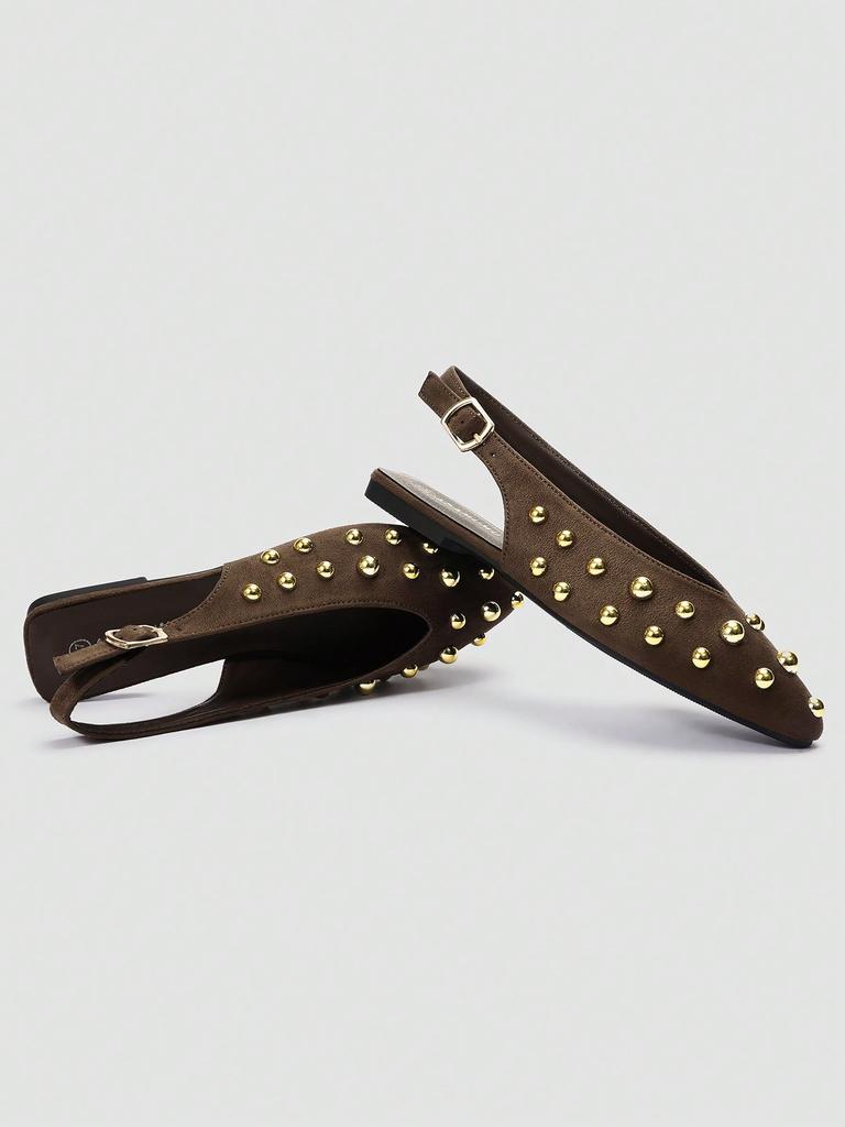 Brown Pointed Toe Mary Jane Backless Slip-on Sandals, Gold Metal Ball Decor, Adjustable Back Strap