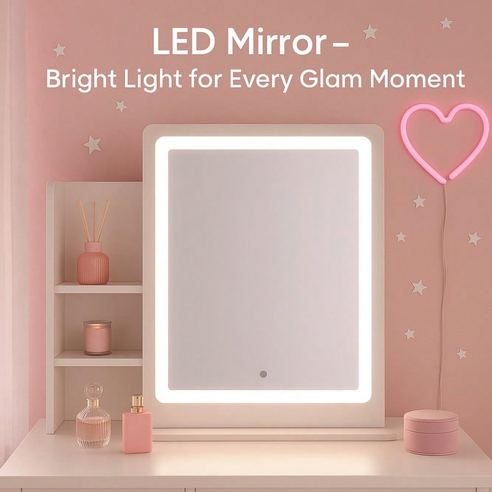 White Dressing Table with LED Circular Mirror, 2 Drawers & Shelves, Perfect Gift for Mother & Lover