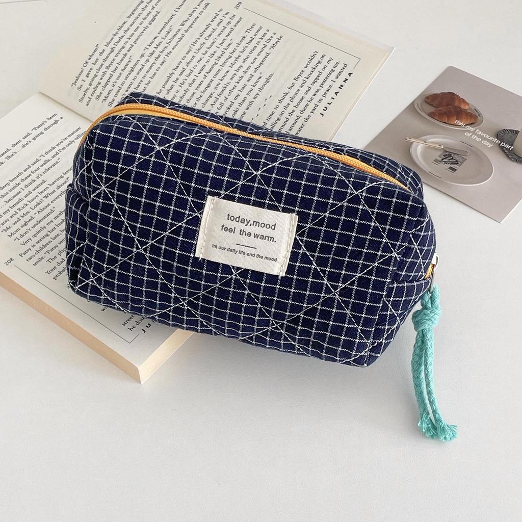 Vintage Japanese-Style Plaid Octagonal Bag - Color-Block Pencil Case & Makeup Pouch