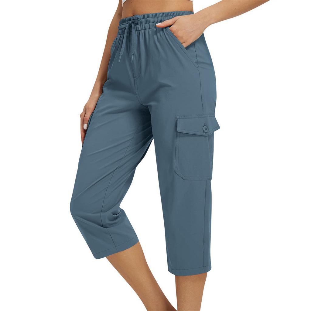 Damen locker sitzende High-Waist Wanderhose mit elastischem Bund, leicht, mit zwei Taschen, lässige Capri-Hose für Outdoor-Aktivitäten