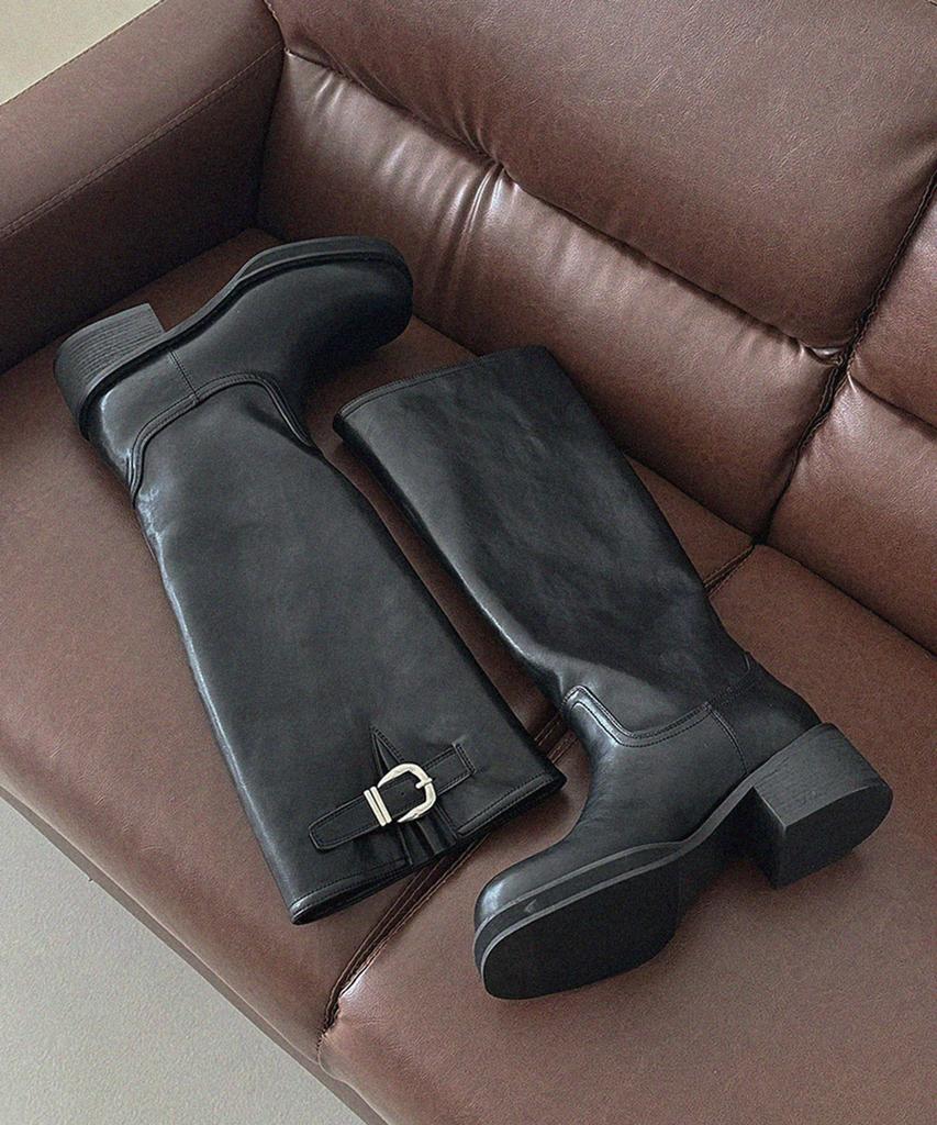 Moodnple Hailey Buckle Point Daily Black Basic Long Boots 5Cm