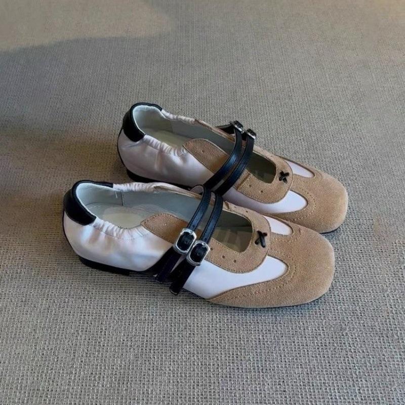 Версия из овчины Новые двухбортные полые матовые немецкие тренировочные туфли женские в стиле ретро с цветовой блокировкой спортивные балетки Мэри Джейн на плоской подошве 35 коричневый 3283₽