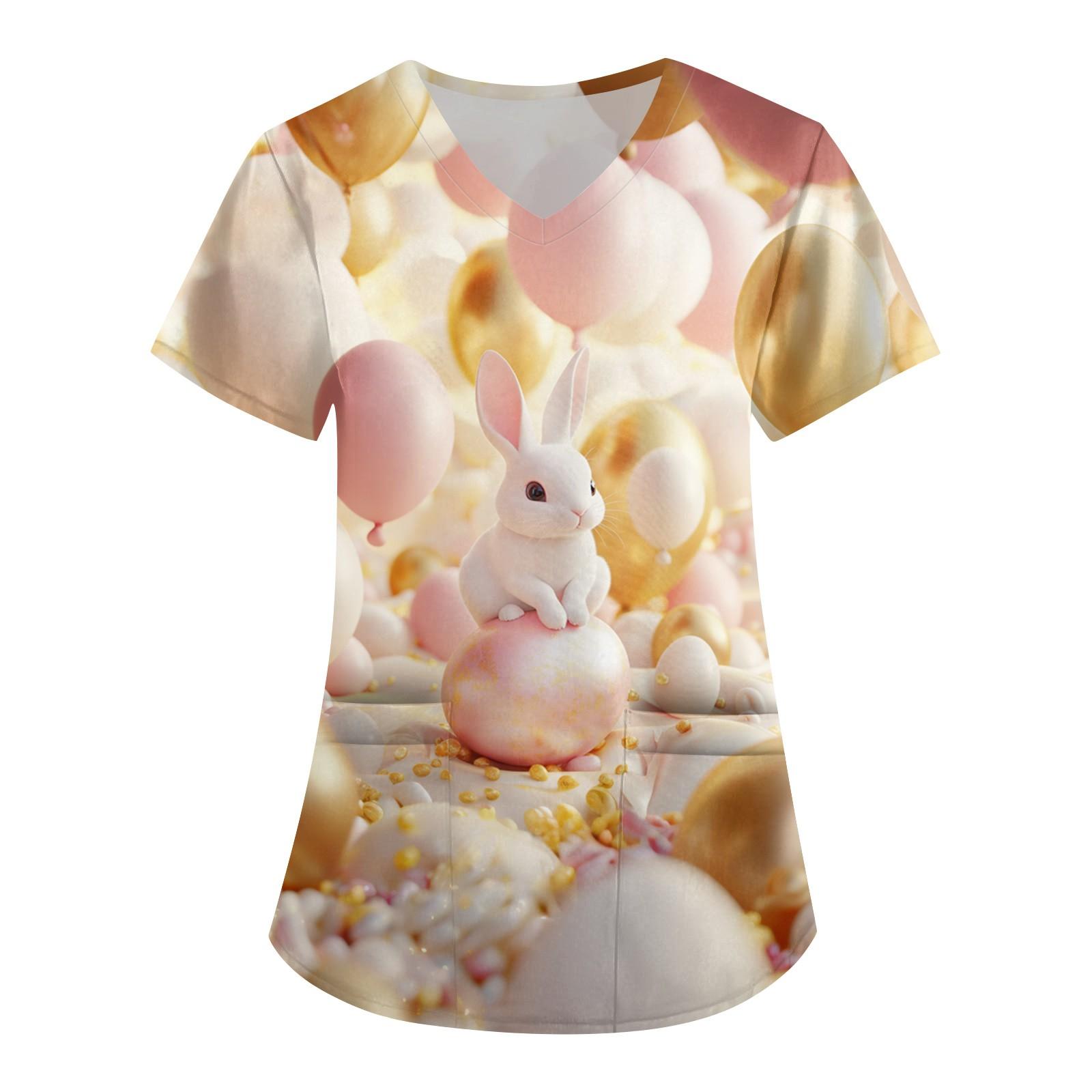 

Женская мода V-образный вырез короткий рукав комбинезон с карманами пасхальный принт топы одежда XXL бежевый