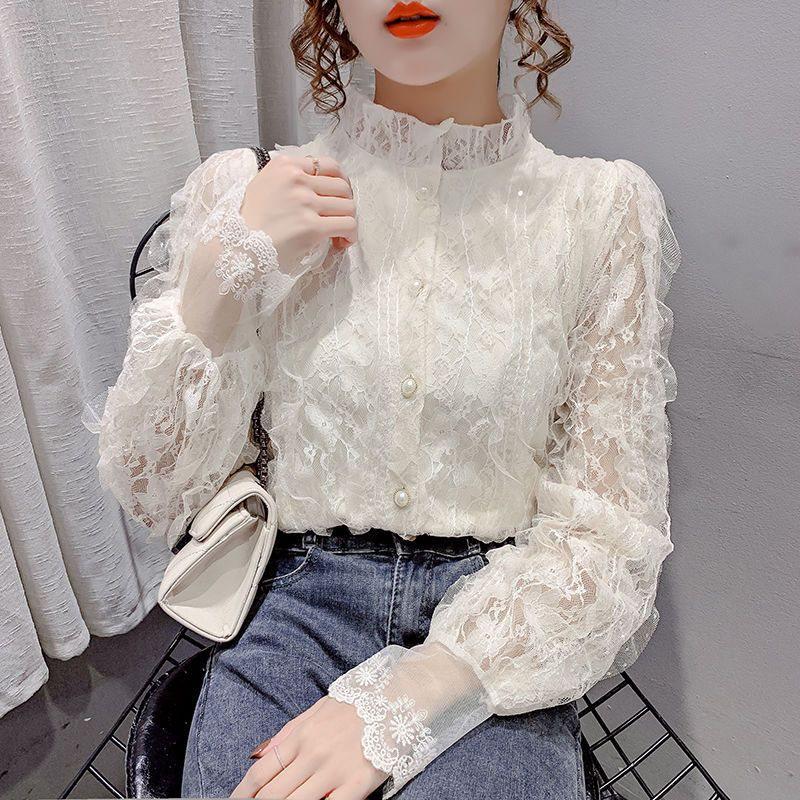Damen Spitzenhemd mit Stehkragen und langen Ärmeln - Vielseitige Herbst-/Winter-Lage