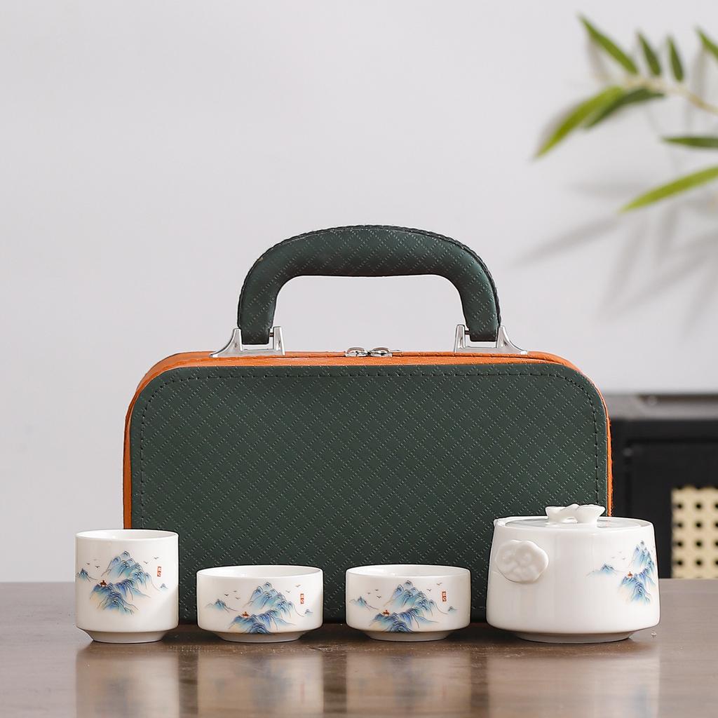 Chinese Style Portable Travel Ceramic Tea Set Outdoor Camping Dry Brew Tea Table Kung Fu Teapot Teacup Portable Bag Gift Box