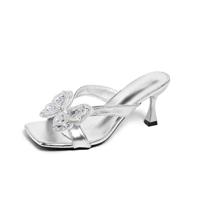 Fashionable Women's Summer Slippers Square Head Thin Heel Outdoor Wear PU Leather Rubber Bottom Ladies Slip-On Shoes