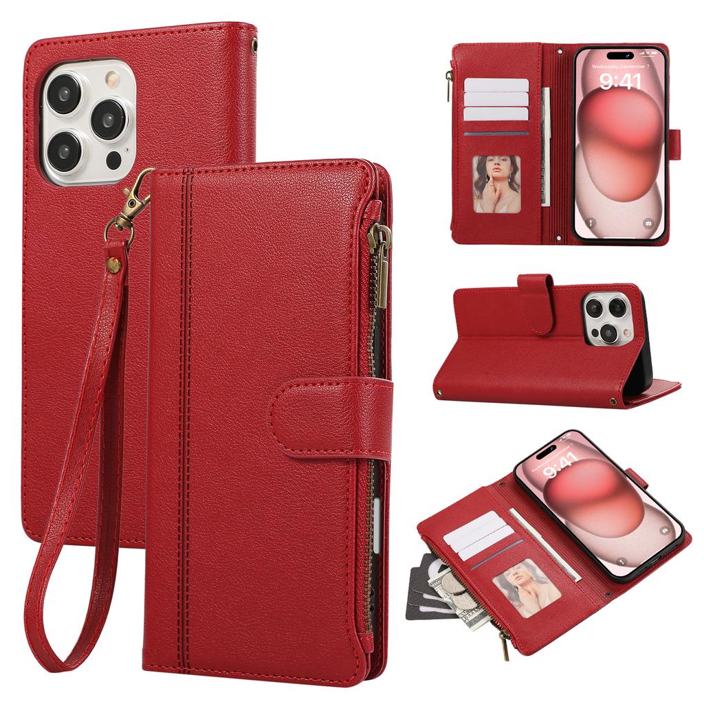 For iPhone 16 Pro Case Multi Card Slots Zipper Leather Phone Cover with Wrist Strap