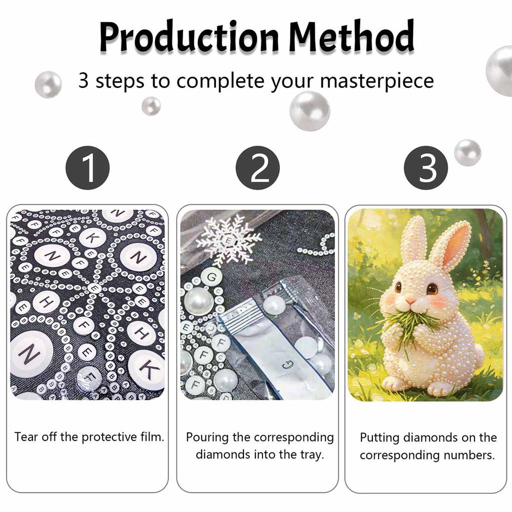Sparkling Pearl Painting on Stretched Frame Cute Bunny Eating Grass DIY Bead Art Canvas Relaxing Hobby Gift for Craft Lovers Great for Adults