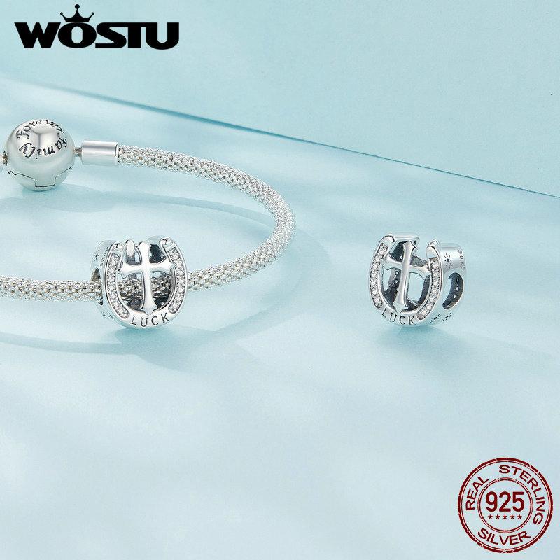 WOSTU 925 Sterling Silver Cross Horseshoe Guardian Charm Beads Fit Original Bracelets Women DIY Jewelry