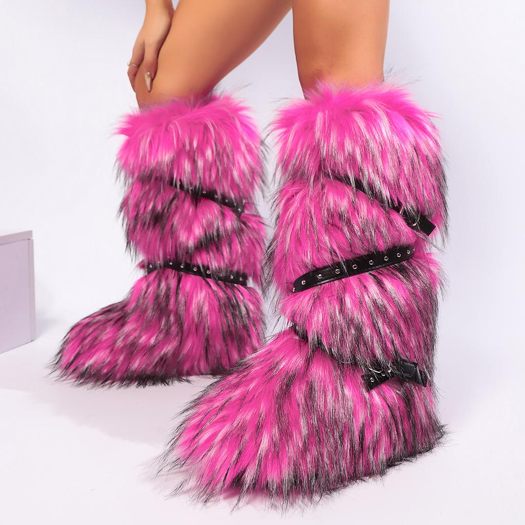 Winter Fur New Design Onepiece Raccoon FurFemale Snow Boots Fur Shoes OutdoorMid Leg Boots Y2k Cool Pink Girl