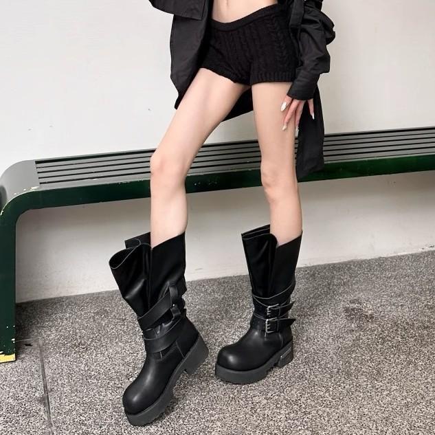 Bajia Retro Belt Buckle Venom Boots 2025 Summer New Bundle Mouth Big Tube Circumference Thick Bottom Heightening Punk Locomotive Boots