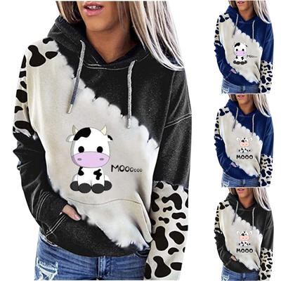 Damen Lässige Mode Niedliche Kuhmuster Langarm Pullover Kapuzenoberteil Sweatshirts