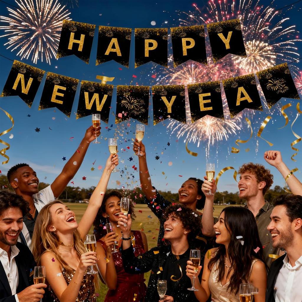 2026 Happy New Year Banner, Black and Gold Party Decorations New Year's Day Gala Party Decorations and Hanging Ornaments