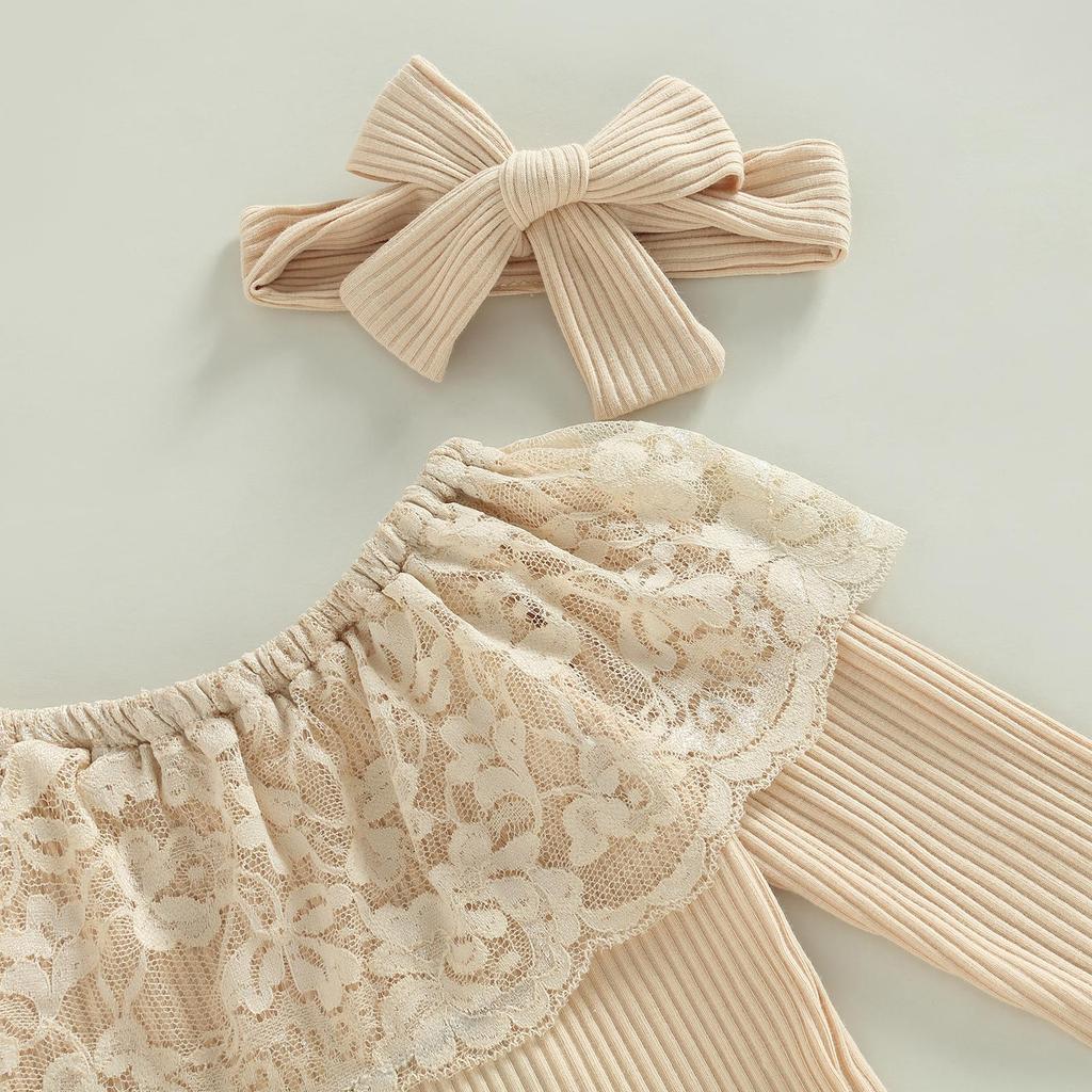 Kids Girls Pants Suit, Long Sleeve Round Neck Lace Romper Tops + Casual Denim Bell-Bottoms + Headband