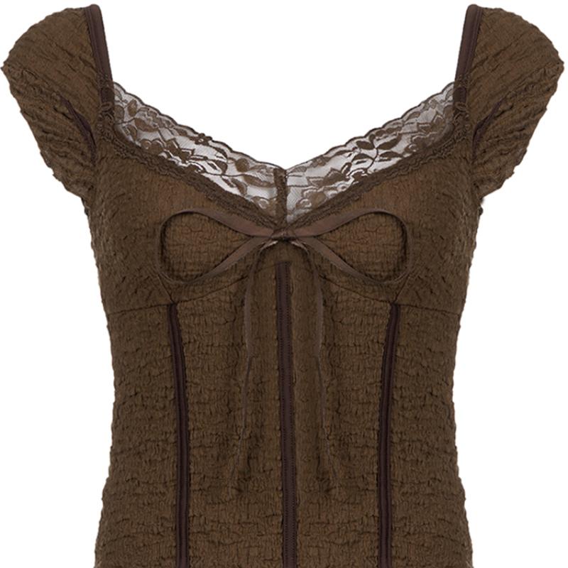 Brown Lace Crop Top y2k Bow Square Collar Summer Short Sleeve T Shirt Women Harajuku Vintage Cute Tee Korean Fairycore