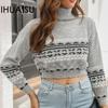 IHUASU Women's Retro Pattern Jacquard Hollow Out High Neck Short Sweater Autumn and Winter Long Sleeve Knitwear