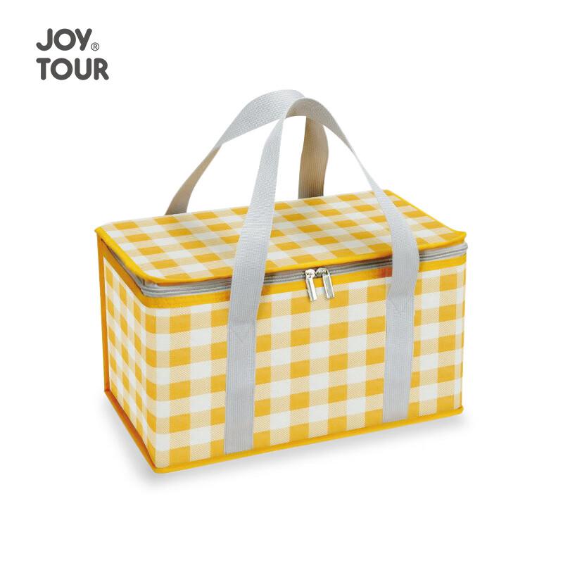 Insulated Picnic Bag, Outdoor Portable Folding Camping Lunch Box Bag, Cold Storage Bag, Travel Picnic Basket, Yellow And White Checkered Patter