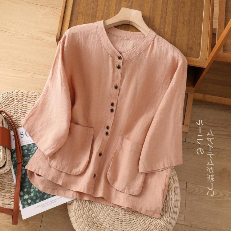 Solid Color Cotton Hemp Stand Collar Seven Point Sleeve Shirt for Women Summer Loose Plus Size Pocket Top Slimming