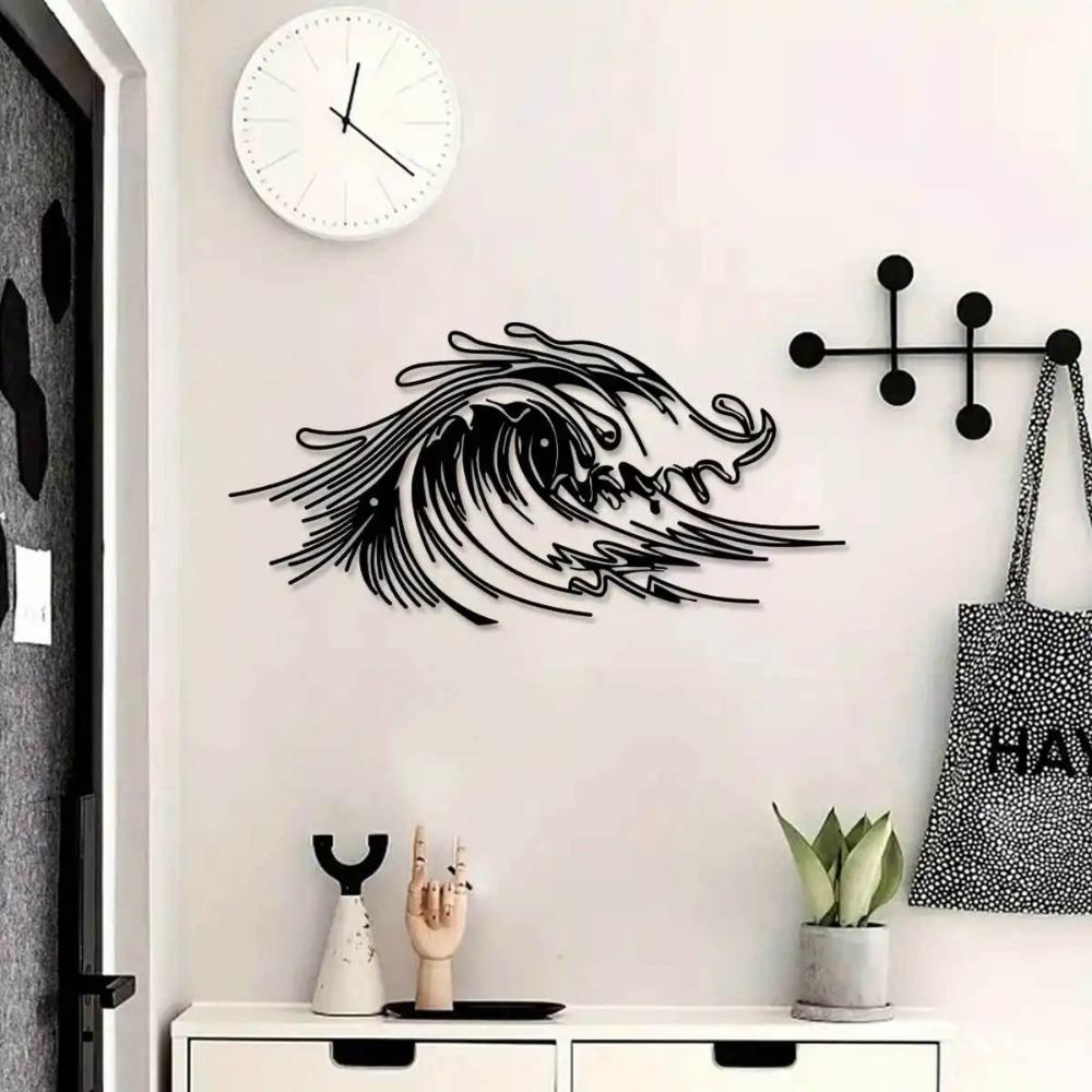 Black Iron Wave Wall Art for Living Room Patio Office, Metal Home Decor Coastal Design