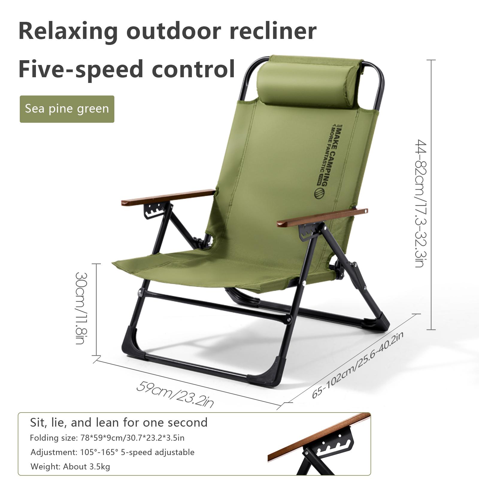 

BSWOLF-Chaise pliante de camping avec accoudoir réglable, portable, relax, avec poignées, oreiller amovible pour la plage, le voyage, la randonnée vert