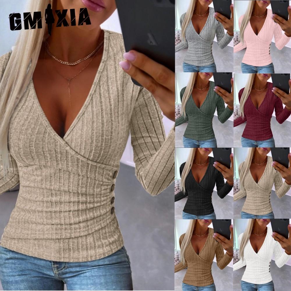 GMXIA Women's Fashion Casual Solid Color Print Long Sleeve V Neck Blouses & Shirts