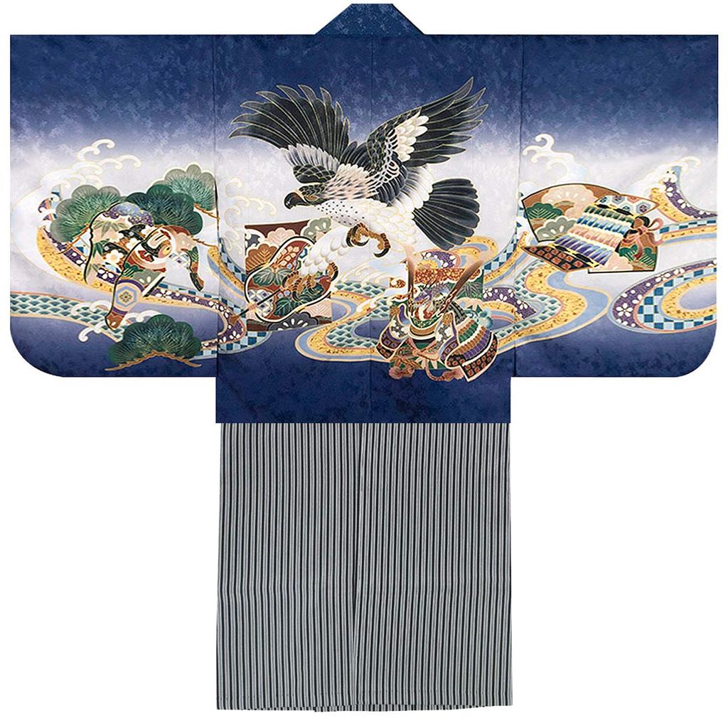 Haori and Hakama Set for Age Auspicious Full Set Striped Black Folding Haori 2 Waist Boys Kabuto Black [KYOETSU] Shichigosan, 5, Eba, Pattern,