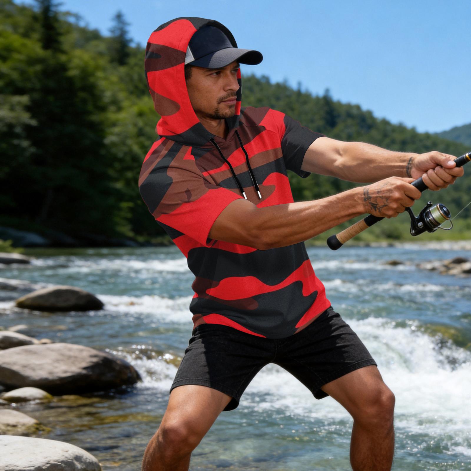 

Men s Camouflage Print Raglan Sleeve Casual Sport Fishing Sun Protection Short Sleeve Hoodie Lightweight Breathable Outdoor Shirt XL червоний