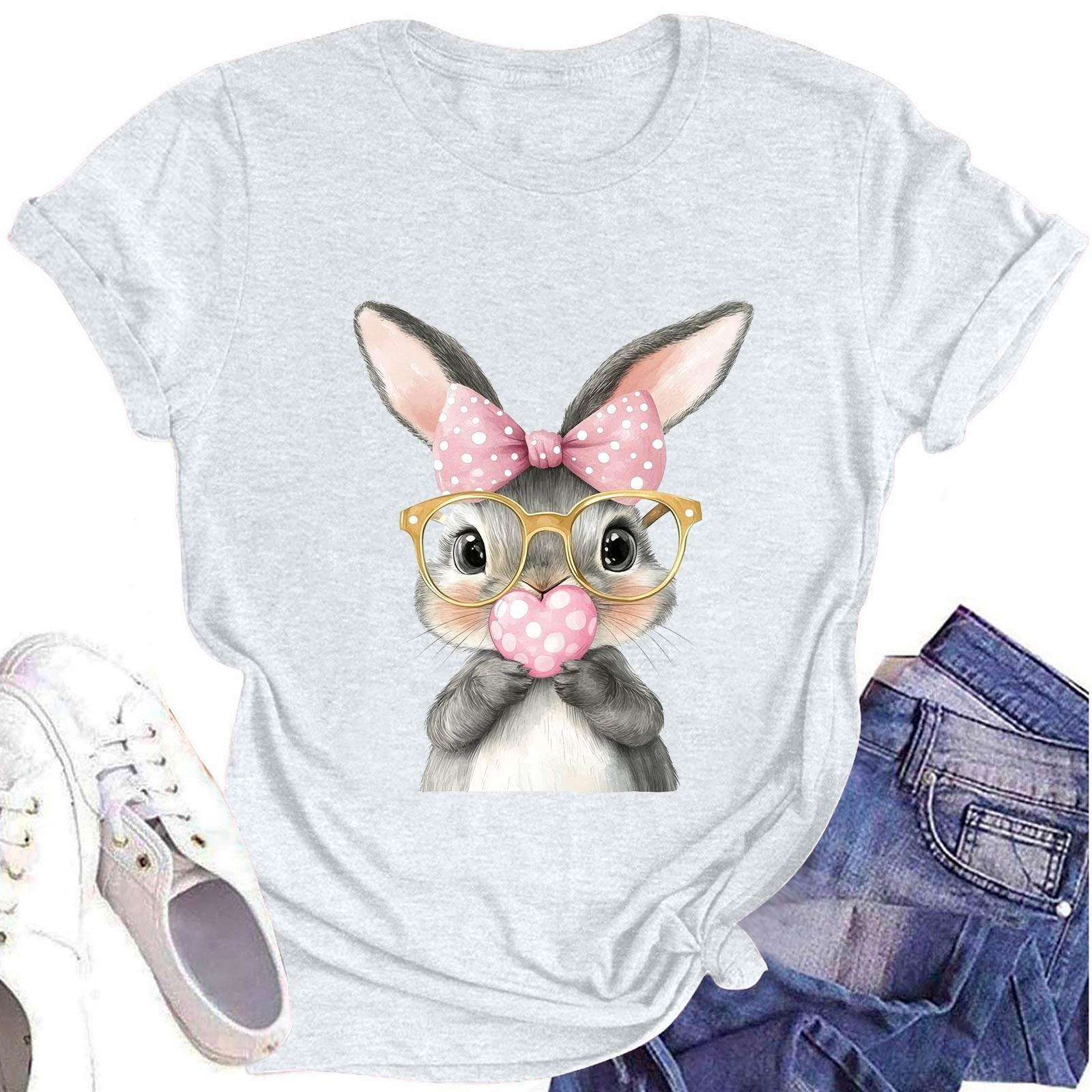 

Women s Fashion Round Neck Short Sleeve T-Shirt Easter Printed Casual Top XL білий