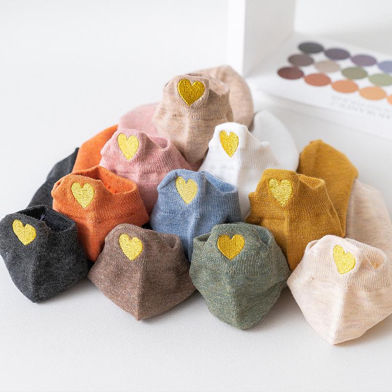 3 Paar Damen Bestickte Kurze Knöchelsocken Set Frühling Sommer Liebesherz Japanischer Stil Bonbonfarbe Lässig Mode Baumwollsocken