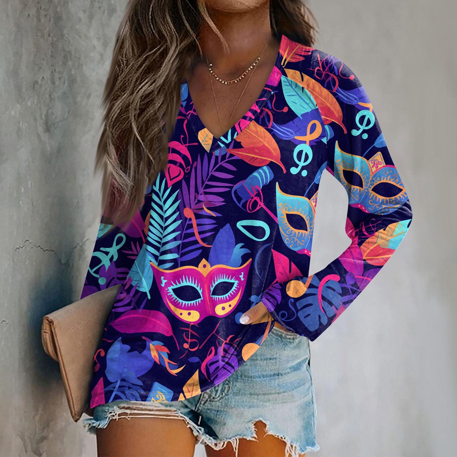 Ladies  Carnival Printed Fashion Shoulder Long Sleeve T-shirt Casual Top L темно-фиолетового