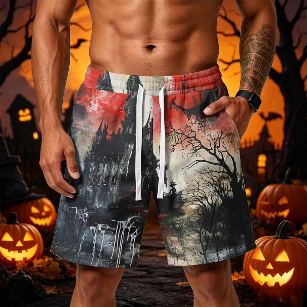 Men's Loose Fit Halloween Themed Shorts with Drawstring Waist and Multiple Pockets Casual Sport Shorts for Everyday Wear