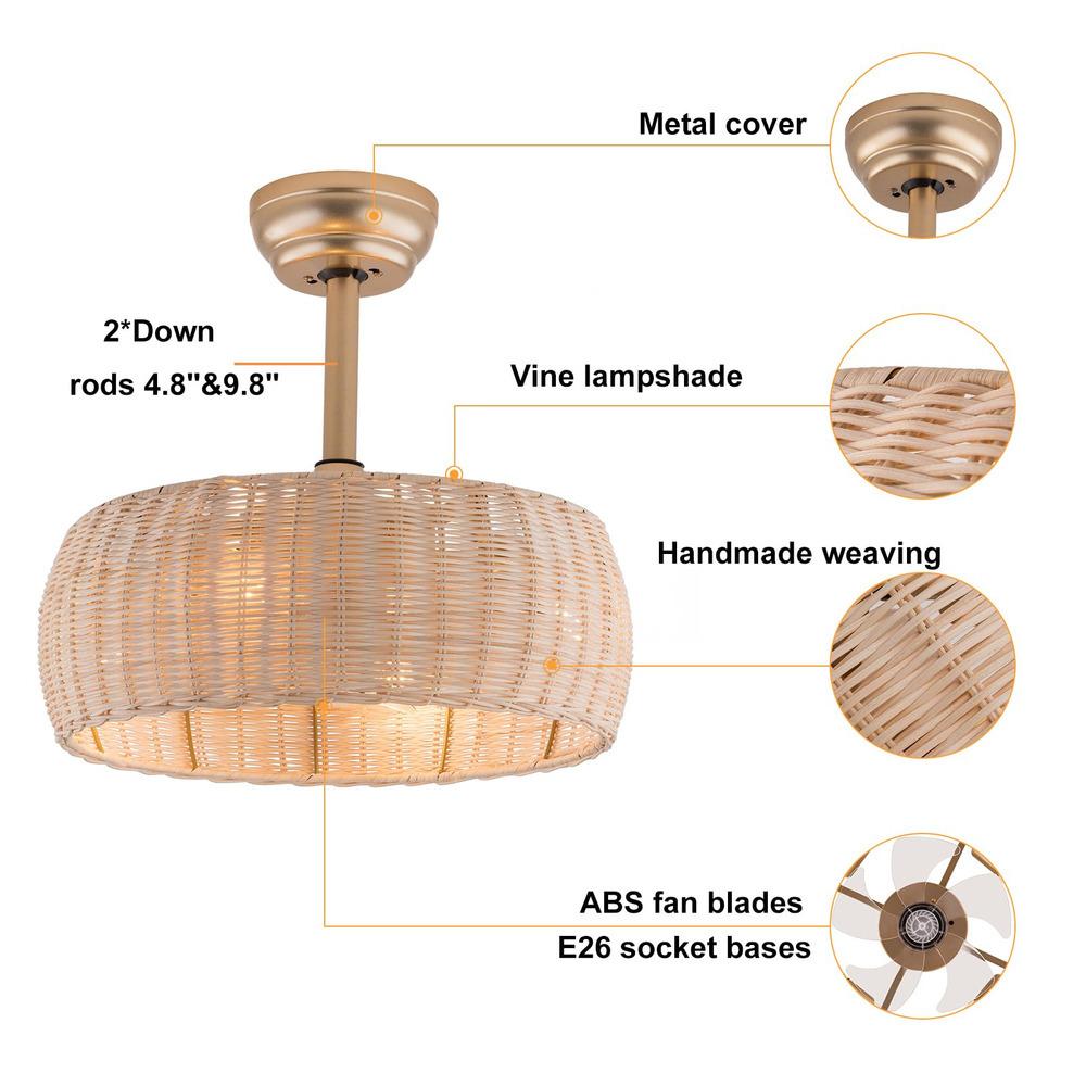 Bymaocar 18.5in Boho Ceiling Fan with Lights Rattan Caged Flush Mount Indoor Lamp 6 Wind Speeds Quiet Reversible Motors & Timer