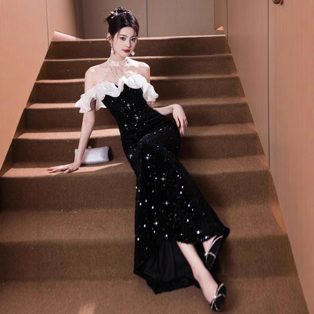 Evening Dress Women's Banquet Temperament Light Luxury Niche Fish Tail Black Beautiful Bright Sequins Dinner Bar Mitzvah Dress Dress