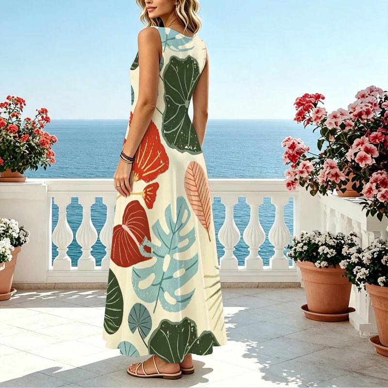 Women's Tropical Plant Series Sleeveless Loose Flowy Maxi Dress,Lightweight Versatile Beach Vacation & Casual Loungewear