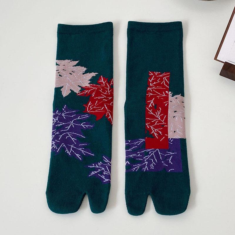 Chaussettes colorées jacquard à deux orteils pour femmes Coton peigné Douces Respirantes Chaussettes à orteils séparés Drôles Chics Plantes Léopard Rayées Chaussettes Tabi