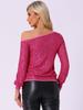 Allegra K Women's Off-the-Shoulder Sequin Blouse with Elastic Cuffs, Long Sleeve, Hot Pink, Size M