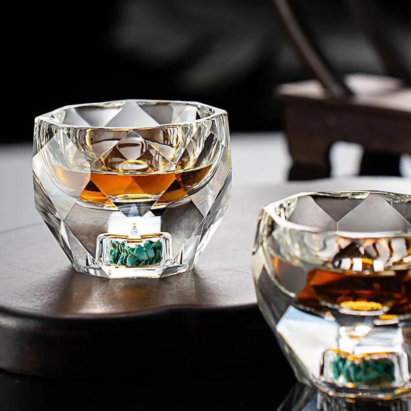 50ml Diamond Cutting Crystal Liquor Glasses for Whiskey Black Tea Double Bottom Glass Sake Soju Brandy Tea Cup