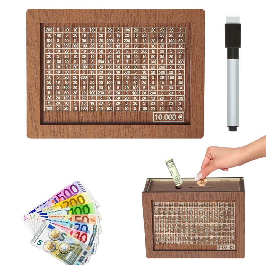 Creative Money Sacing Box Wooden Penny Bank with Marking Pen 1000-10000 Euros Christmas Gift for Kids Home Crafts Decoration
