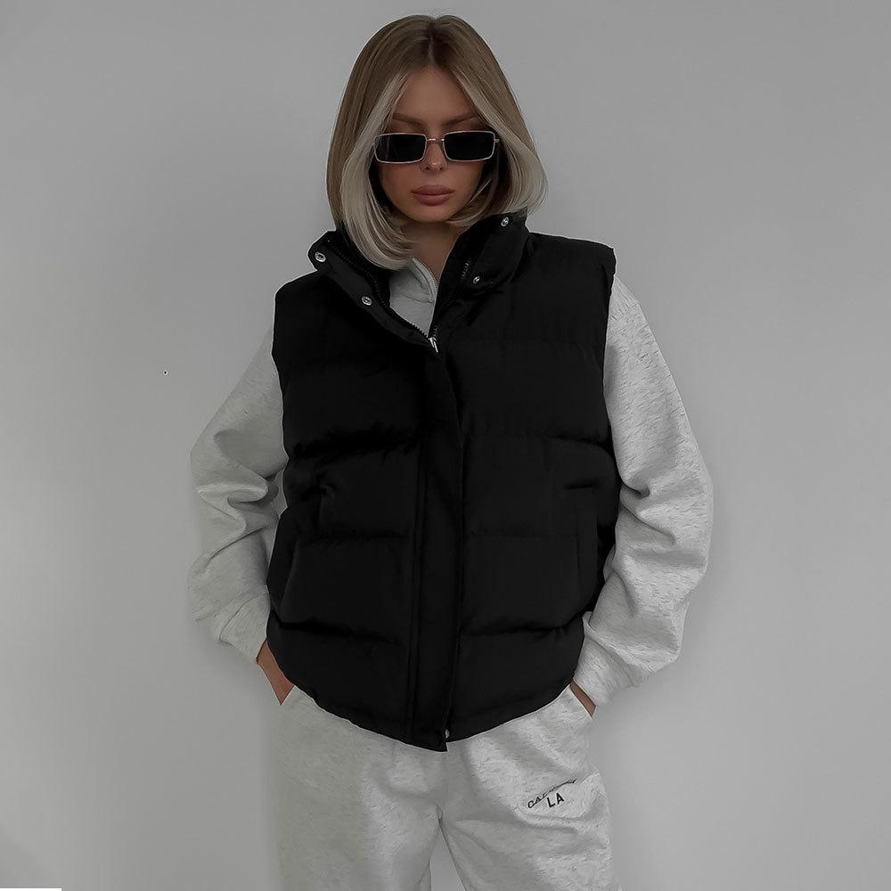 Vinter Dame Oversized Hætteklædt Dunjakke Vest Letvægt Lynlås Op Høj Krave Polstret Puffy Ærmeløs Jakke Frakke med Lommer Varm Ydertøj til Kvinder