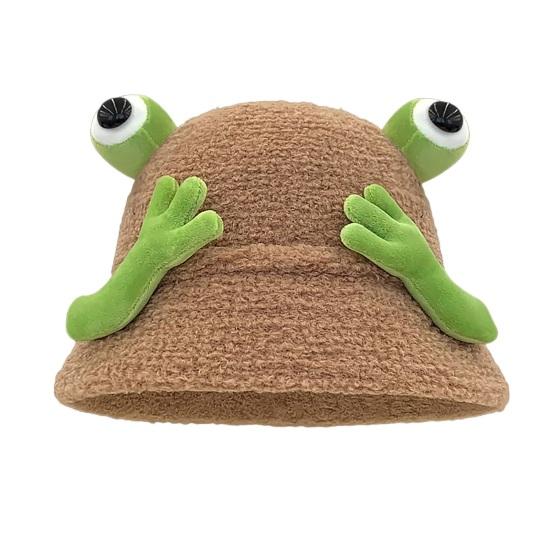 

Зимняя панама мультяшного дизайна с 3D лягушкой, утолщенная плюшевая шляпа рыбака, женский аксессуар для активного отдыха хаки