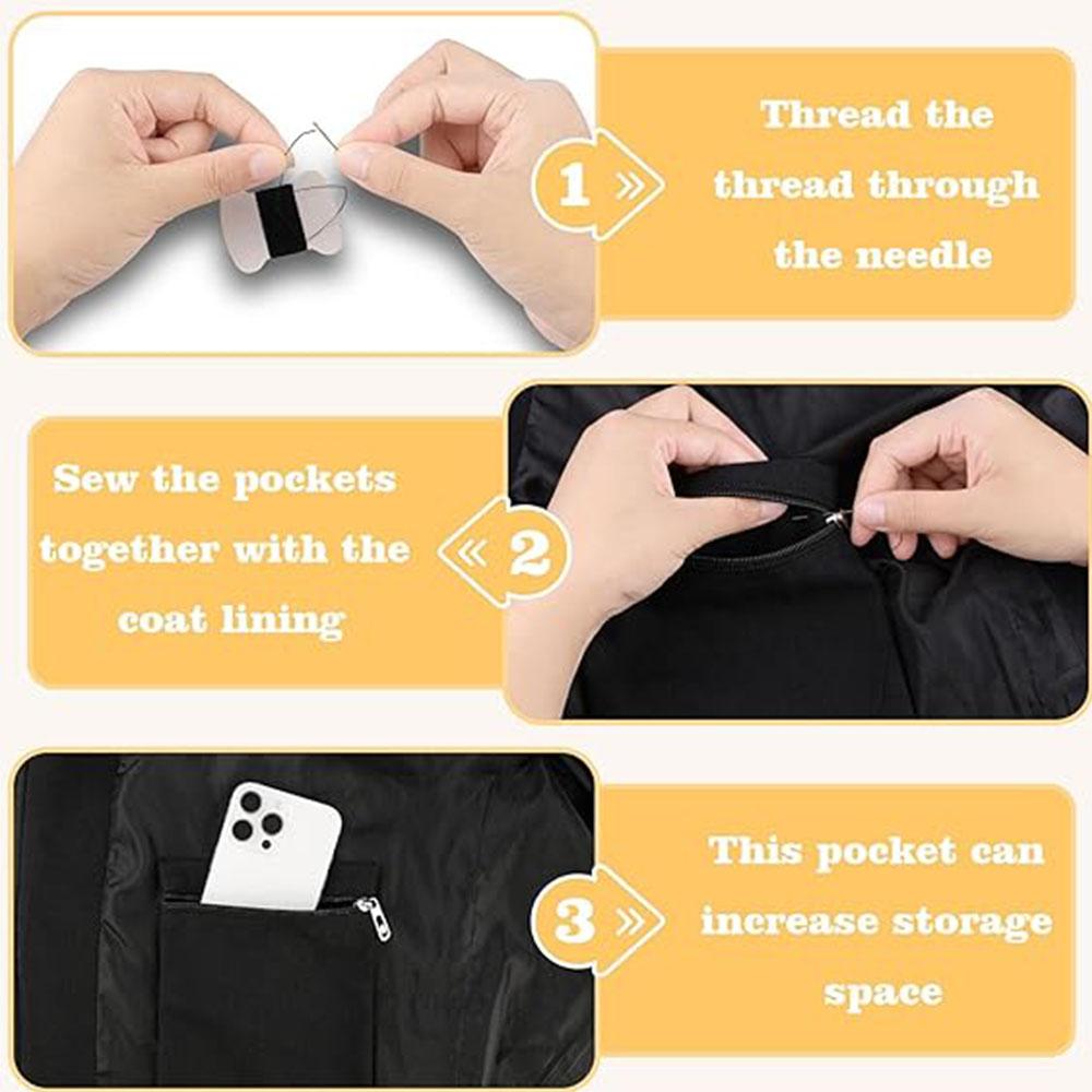 2 Pcs Sew on Hidden Pockets with 4pcs Needle and thread roll for Clothing